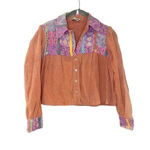 INDIA EMPORIUM Vtg 70s Patchwork Gauzy Crop Button Down Shirt Bandana Print 8/10